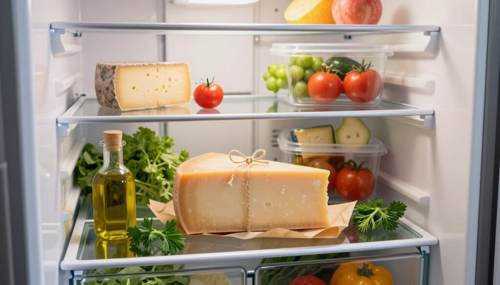 A well-organized, modern refrigerator interior showcasing a block of Parmesan cheese stored properly. In the foreground, the Parmesan is wrapped in parchment paper with a piece of twine, resting on a glass shelf. Surrounding it are fresh herbs and a small container of olive oil to emphasize its culinary context. In the middle, shelves filled with clear containers holding various cheeses and fresh vegetables create a vibrant, well-stocked appearance. The background features a soft, ambient light illuminating the refrigerator, casting gentle shadows, enhancing the freshness of the ingredients. The overall mood is clean, inviting, and educational, highlighting the importance of proper cheese storage for maintaining quality. The perspective is slightly angled from above, focusing on the Parmesan as the central element. A well-organized, modern refrigerator interior showcasing a block of Parmesan cheese stored properly. In the foreground, the Parmesan is wrapped in parchment paper with a piece of twine, resting on a glass shelf. Surrounding it are fresh herbs and a small container of olive oil to emphasize its culinary context. In the middle, shelves filled with clear containers holding various cheeses and fresh vegetables create a vibrant, well-stocked appearance. The background features a soft, ambient light illuminating the refrigerator, casting gentle shadows, enhancing the freshness of the ingredients. The overall mood is clean, inviting, and educational, highlighting the importance of proper cheese storage for maintaining quality. The perspective is slightly angled from above, focusing on the Parmesan as the central element.