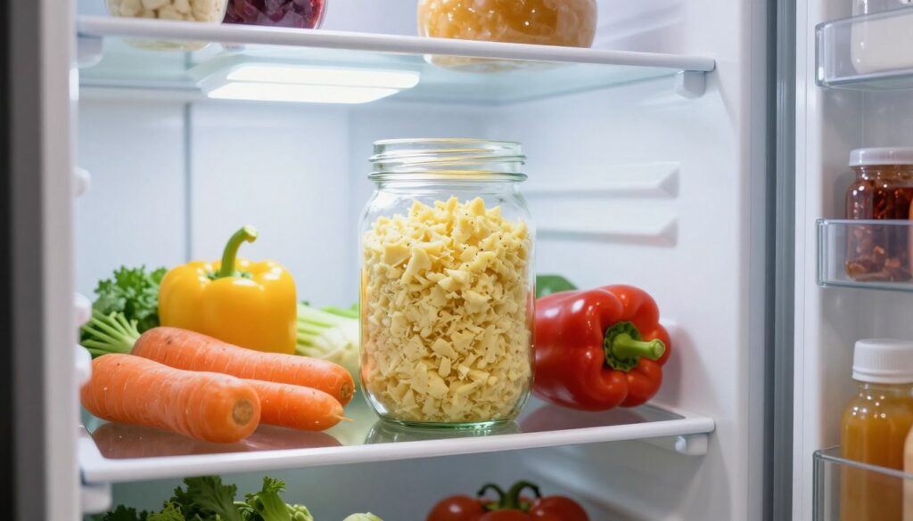 A well-organized refrigerator interior featuring a clear glass jar filled with freshly grated homemade horseradish. The jar is placed on the middle shelf, surrounded by a few colorful vegetables like carrots and bell peppers, emphasizing the freshness of the ingredients. The fridge is well-lit with bright white LED lights, casting a clean and inviting glow. The background reveals neatly stacked containers, and the door is slightly ajar, showcasing an array of condiments. The overall atmosphere conveys a sense of home cooking and preservation, focusing on the importance of storing horseradish correctly. The scene is captured with a slight angle to emphasize the jar and its contents, ensuring the image is bright and appetizing without any distractions. A well-organized refrigerator interior featuring a clear glass jar filled with freshly grated homemade horseradish. The jar is placed on the middle shelf, surrounded by a few colorful vegetables like carrots and bell peppers, emphasizing the freshness of the ingredients. The fridge is well-lit with bright white LED lights, casting a clean and inviting glow. The background reveals neatly stacked containers, and the door is slightly ajar, showcasing an array of condiments. The overall atmosphere conveys a sense of home cooking and preservation, focusing on the importance of storing horseradish correctly. The scene is captured with a slight angle to emphasize the jar and its contents, ensuring the image is bright and appetizing without any distractions.