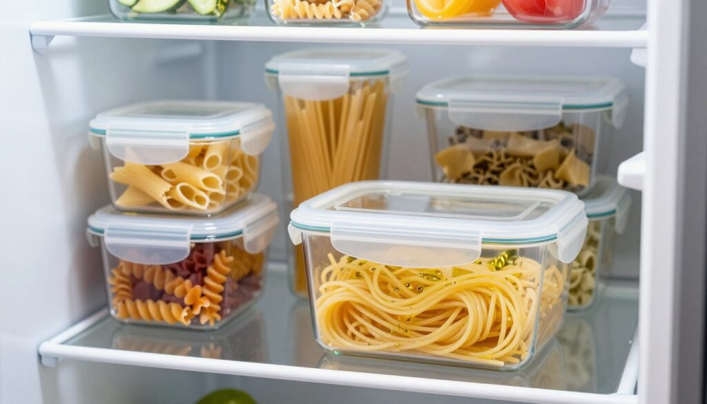 A well-organized refrigerator interior featuring a clear view of a shelf filled with neatly organized containers of cooked pasta. The foreground focuses on a transparent container with cooked spaghetti, visibly separate and lightly tossed with olive oil to prevent sticking. In the middle, display other types of pasta in various containers, highlighting a colorful assortment, such as penne and fusilli. The background should softly blur out other food items, emphasizing the pasta while keeping the refrigerator's cool ambiance with bright, even lighting. Use a slightly elevated angle to capture the contents, creating an inviting and fresh atmosphere, suggesting a practical and hygienic food storage environment. The overall mood conveys care and organization, ideal for storing food properly.