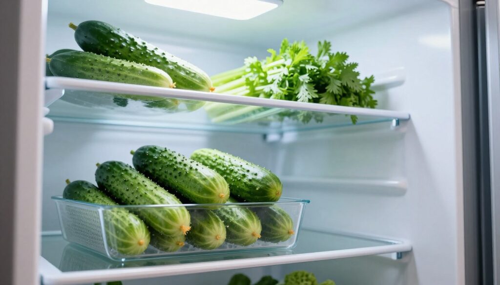 A well-organized refrigerator interior showcasing the ideal spot for storing cucumbers. In the foreground, a neat shelf holds fresh, vibrant cucumbers, placed neatly in a breathable container to avoid moisture. The middle section features a clear glass shelf with an open crisper drawer, containing herbs and other vegetables, emphasizing freshness. In the background, soft white LED lights illuminate the fridge's interior, casting a cool, inviting glow that highlights the freshness of the produce. The atmosphere feels clean and organized, suggesting a space designed for optimal food preservation. The angle should be slightly tilted for a dynamic perspective, capturing both the vibrant green cucumbers and the overall arrangement in the refrigerator. A well-organized refrigerator interior showcasing the ideal spot for storing cucumbers. In the foreground, a neat shelf holds fresh, vibrant cucumbers, placed neatly in a breathable container to avoid moisture. The middle section features a clear glass shelf with an open crisper drawer, containing herbs and other vegetables, emphasizing freshness. In the background, soft white LED lights illuminate the fridge's interior, casting a cool, inviting glow that highlights the freshness of the produce. The atmosphere feels clean and organized, suggesting a space designed for optimal food preservation. The angle should be slightly tilted for a dynamic perspective, capturing both the vibrant green cucumbers and the overall arrangement in the refrigerator.