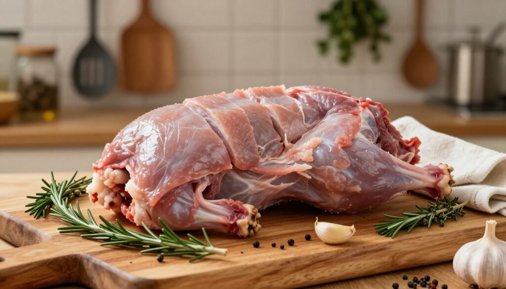 A well-prepared rabbit ready for roasting, arranged on a rustic wooden cutting board. The rabbit is cut into even portions, showcasing its tender meat, which glistens slightly from being dried with a clean cloth. Surrounding the rabbit, an array of vibrant spices like rosemary, thyme, garlic, and black pepper are artistically displayed, adding a pop of color. The lighting is warm and inviting, illuminating the textures of the meat and herbs, creating a cozy kitchen atmosphere. In the background, softly blurred kitchen utensils and herbs hang on the wall, enhancing the culinary setting. The image should evoke a sense of preparation and anticipation for a delicious meal ahead. A well-prepared rabbit ready for roasting, arranged on a rustic wooden cutting board. The rabbit is cut into even portions, showcasing its tender meat, which glistens slightly from being dried with a clean cloth. Surrounding the rabbit, an array of vibrant spices like rosemary, thyme, garlic, and black pepper are artistically displayed, adding a pop of color. The lighting is warm and inviting, illuminating the textures of the meat and herbs, creating a cozy kitchen atmosphere. In the background, softly blurred kitchen utensils and herbs hang on the wall, enhancing the culinary setting. The image should evoke a sense of preparation and anticipation for a delicious meal ahead.