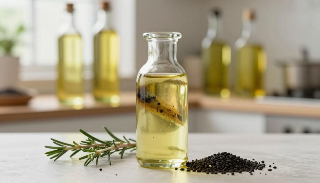 An artistic depiction of deteriorating black seed oil, focusing on the signs of rancidity. In the foreground, a glass bottle of black seed oil is shown with visible, cloudy sediment and an unsettling yellowish tint, indicating spoilage. The bottle is surrounded by a few oil-soaked herbs and small remnants of black seed. In the middle ground, there is a soft-focus backdrop of an organized kitchen shelf with other oil bottles, all well-preserved and gleaming, emphasizing the contrast. Soft, natural lighting filters through a nearby window, creating a calm and informative atmosphere. The composition is captured at a slight angle, providing depth, while the mood remains educational and insightful, perfect for illustrating the topic of oil quality. An artistic depiction of deteriorating black seed oil, focusing on the signs of rancidity. In the foreground, a glass bottle of black seed oil is shown with visible, cloudy sediment and an unsettling yellowish tint, indicating spoilage. The bottle is surrounded by a few oil-soaked herbs and small remnants of black seed. In the middle ground, there is a soft-focus backdrop of an organized kitchen shelf with other oil bottles, all well-preserved and gleaming, emphasizing the contrast. Soft, natural lighting filters through a nearby window, creating a calm and informative atmosphere. The composition is captured at a slight angle, providing depth, while the mood remains educational and insightful, perfect for illustrating the topic of oil quality.