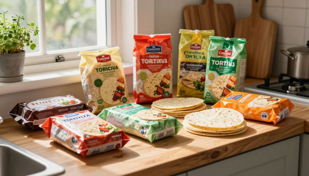 An assortment of unopened tortilla packages displayed on a wooden kitchen countertop. The foreground features various brands of tortillas, each in colorful, appealing packaging that highlights freshness and quality. In the middle, soft natural lighting filters through a nearby window, casting gentle shadows and enhancing the textures of the packaging. The background showcases a tidy kitchen with rustic elements, like herb pots and a cutting board, emphasizing a homely atmosphere. The overall mood conveys a sense of care and preparation, ideal for showcasing how to store tortillas properly before opening the packages. The angle is slightly elevated, providing a clear view of the various packages without distraction.