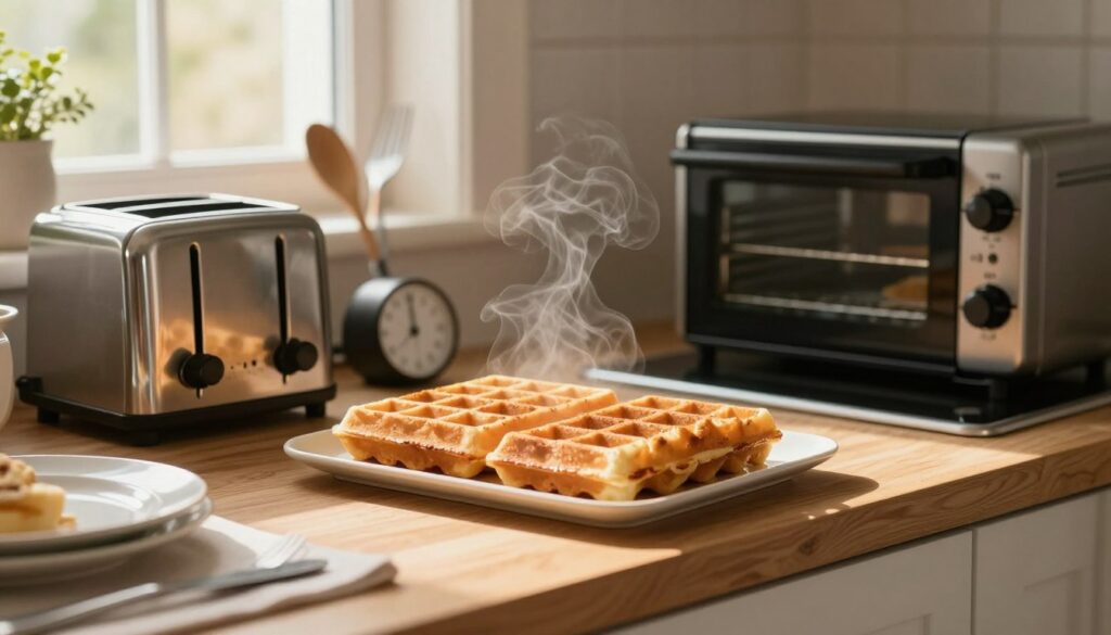 In a cozy kitchen setting, freshly made waffles sit on a wooden countertop, surrounded by a toaster and an oven. The foreground shows a golden-brown waffle partially toasted, steam rising gently from it, signifying warmth and freshness. In the middle, a well-organized kitchen with utensils, a timer, and a plate ready for serving, creating a sense of preparation. The background features warm, ambient lighting illuminating the scene, giving it a homely atmosphere. A slightly blurred window reveals sunlight streaming in, enhancing the inviting mood. This image conveys the art of refreshing waffles before serving, highlighting the toaster and oven as essential tools. The composition should make the viewer feel a sense of comfort and anticipation for a delicious treat.