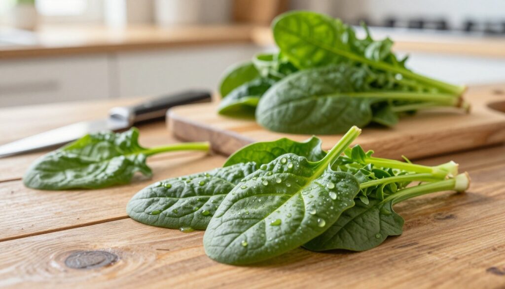 Lush, vibrant spinach leaves arranged neatly on a rustic wooden table, showcasing their rich green color and delicate textures. In the foreground, focus on a close-up of fresh spinach leaves with droplets of water, highlighting their crispness and vitality. In the middle ground, a few leaves are gently placed beside preparation tools like a small knife and a wooden cutting board, suggesting readiness for storage. The background features a soft-focus kitchen scene with warm, natural light streaming in, creating a cozy, inviting atmosphere. The image should evoke a sense of freshness and care, emphasizing the importance of preserving flavor and quality. The overall composition should be bright and clean, with an emphasis on the freshness of the leaves.