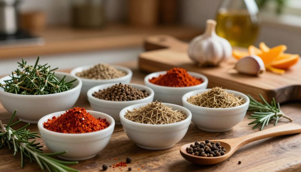 A beautifully arranged array of exotic spices in small bowls, showcasing the best seasonings to enhance the flavor of liver. In the foreground, focus on vibrant spices like smoked paprika, cumin, and fresh herbs such as thyme and rosemary, artistically displayed with a wooden spoon beside them. The middle ground features rustic wooden cutting boards and a few cloves of garlic and orange zest, hinting at complementary flavors. The background is softly blurred, suggesting a cozy kitchen ambiance with warm light filtering in, creating an inviting and rich atmosphere. The scene is captured with a shallow depth of field, emphasizing the textures and colors of the spices, invoking a sense of culinary creativity and warmth.