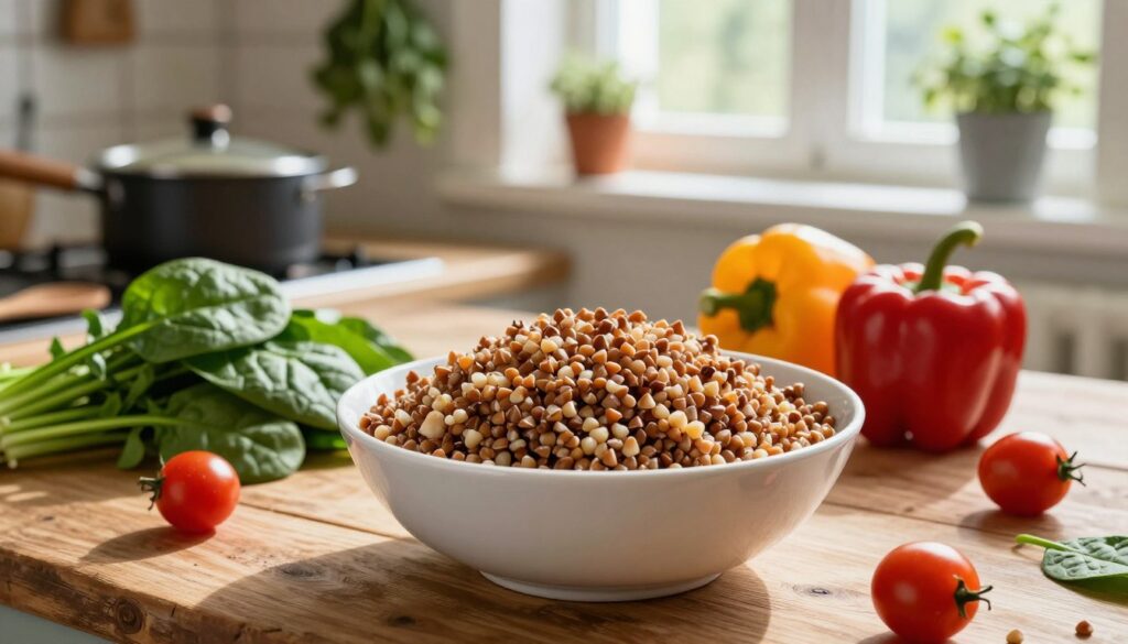 A beautifully arranged bowl of cooked buckwheat (kasza gryczana) sits prominently in the foreground, showcasing its rich, nutty texture and warm brown tones. Surrounding the bowl are fresh seasonal vegetables like vibrant green spinach, cherry tomatoes, and colorful bell peppers, suggesting a variety of delicious pairings. In the middle ground, a rustic wooden table enhances the homey atmosphere, with a pot and a wooden spoon hinting at the cooking process. Soft natural light filters in from a nearby window, casting gentle shadows and creating a warm, inviting scene. In the background, soft focus reveals a cozy kitchen setting with herbs hanging in pots, emphasizing a healthy lifestyle and the nutritious qualities of buckwheat. The overall mood is vibrant and wholesome, reflecting the essence of healthy cooking. A beautifully arranged bowl of cooked buckwheat (kasza gryczana) sits prominently in the foreground, showcasing its rich, nutty texture and warm brown tones. Surrounding the bowl are fresh seasonal vegetables like vibrant green spinach, cherry tomatoes, and colorful bell peppers, suggesting a variety of delicious pairings. In the middle ground, a rustic wooden table enhances the homey atmosphere, with a pot and a wooden spoon hinting at the cooking process. Soft natural light filters in from a nearby window, casting gentle shadows and creating a warm, inviting scene. In the background, soft focus reveals a cozy kitchen setting with herbs hanging in pots, emphasizing a healthy lifestyle and the nutritious qualities of buckwheat. The overall mood is vibrant and wholesome, reflecting the essence of healthy cooking.
