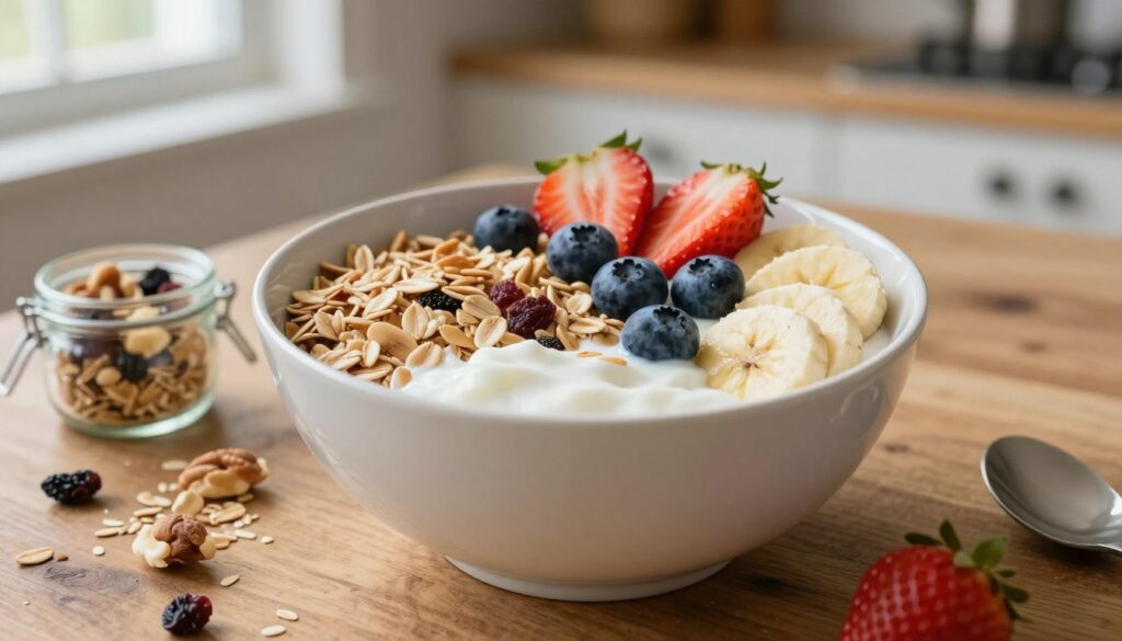 A beautifully arranged bowl of muesli with an assortment of colorful toppings. The bowl, placed on a rustic wooden table, is filled with creamy yogurt, rolled oats, and a variety of fresh fruits such as strawberries, blueberries, and banana slices. In the foreground, there are small glass jars filled with nuts, seeds, and dried fruits, scattered around the bowl. Soft, natural lighting coming from a nearby window highlights the textures and colors of the ingredients, creating an inviting and wholesome atmosphere. In the background, there are hints of a cozy kitchen setting, with warm tones and soft focus, evoking a sense of comfort and homeliness. This image should convey the delightful experience of preparing and enjoying a nourishing meal. A beautifully arranged bowl of muesli with an assortment of colorful toppings. The bowl, placed on a rustic wooden table, is filled with creamy yogurt, rolled oats, and a variety of fresh fruits such as strawberries, blueberries, and banana slices. In the foreground, there are small glass jars filled with nuts, seeds, and dried fruits, scattered around the bowl. Soft, natural lighting coming from a nearby window highlights the textures and colors of the ingredients, creating an inviting and wholesome atmosphere. In the background, there are hints of a cozy kitchen setting, with warm tones and soft focus, evoking a sense of comfort and homeliness. This image should convey the delightful experience of preparing and enjoying a nourishing meal.