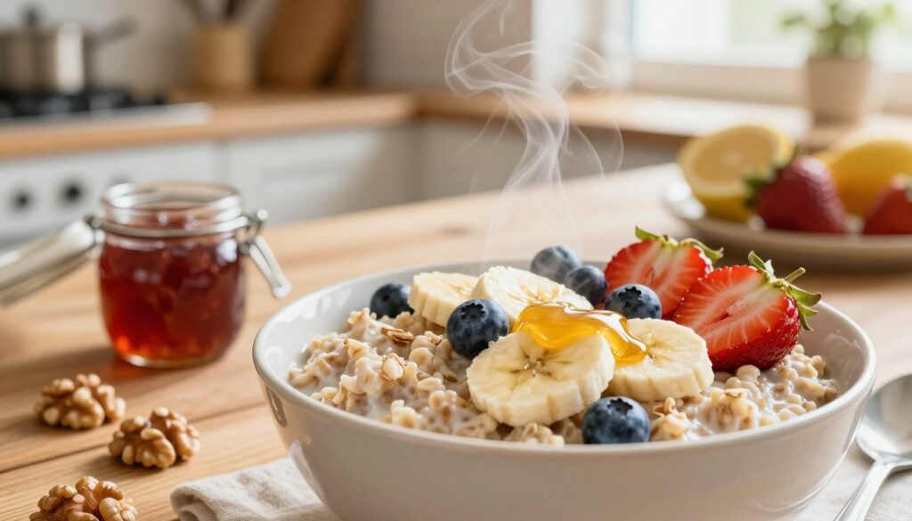 A beautifully arranged bowl of oatmeal topped with a variety of sweet additions. In the foreground, the oatmeal is creamy and steaming, garnished with fresh slices of banana, vibrant strawberries, and a sprinkle of blueberries. Delicately drizzled honey cascades over the top, glistening under soft natural light. In the middle, we see a rustic wooden table setting adorned with a small jar of homemade jam and a few crushed walnuts scattered around, enhancing the inviting atmosphere. In the background, a sunlit kitchen with blurred kitchen utensils and fresh fruits creates a warm, cozy feel. The image captures a delightful, inviting breakfast scene that evokes comfort and satisfaction, perfect for a nourishing morning meal. A beautifully arranged bowl of oatmeal topped with a variety of sweet additions. In the foreground, the oatmeal is creamy and steaming, garnished with fresh slices of banana, vibrant strawberries, and a sprinkle of blueberries. Delicately drizzled honey cascades over the top, glistening under soft natural light. In the middle, we see a rustic wooden table setting adorned with a small jar of homemade jam and a few crushed walnuts scattered around, enhancing the inviting atmosphere. In the background, a sunlit kitchen with blurred kitchen utensils and fresh fruits creates a warm, cozy feel. The image captures a delightful, inviting breakfast scene that evokes comfort and satisfaction, perfect for a nourishing morning meal.