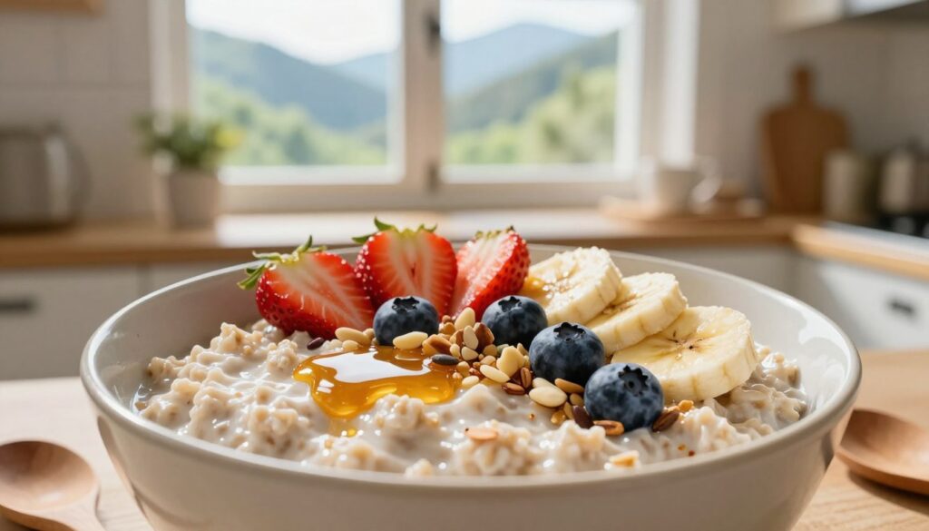 A beautifully arranged bowl of overnight oats sits in the foreground, filled with creamy oatmeal, topped with vibrant slices of fresh fruit like strawberries, bananas, and blueberries. A drizzle of honey glistens on the oats, adding a golden hue, while a sprinkle of nuts and seeds provides texture. In the middle ground, a wooden spoon rests beside the bowl, hinting at a cozy, inviting breakfast scene. In the background, a bright, sunlit kitchen window reveals a view of lush, green mountains, enhancing the idea of a wholesome, energizing meal. The lighting is warm and soft, creating a peaceful ambiance, perfect for a quick yet nourishing breakfast. The angle is slightly elevated, capturing the vibrant colors and textures of the ingredients, making the dish look enticing and appetizing. A beautifully arranged bowl of overnight oats sits in the foreground, filled with creamy oatmeal, topped with vibrant slices of fresh fruit like strawberries, bananas, and blueberries. A drizzle of honey glistens on the oats, adding a golden hue, while a sprinkle of nuts and seeds provides texture. In the middle ground, a wooden spoon rests beside the bowl, hinting at a cozy, inviting breakfast scene. In the background, a bright, sunlit kitchen window reveals a view of lush, green mountains, enhancing the idea of a wholesome, energizing meal. The lighting is warm and soft, creating a peaceful ambiance, perfect for a quick yet nourishing breakfast. The angle is slightly elevated, capturing the vibrant colors and textures of the ingredients, making the dish look enticing and appetizing.