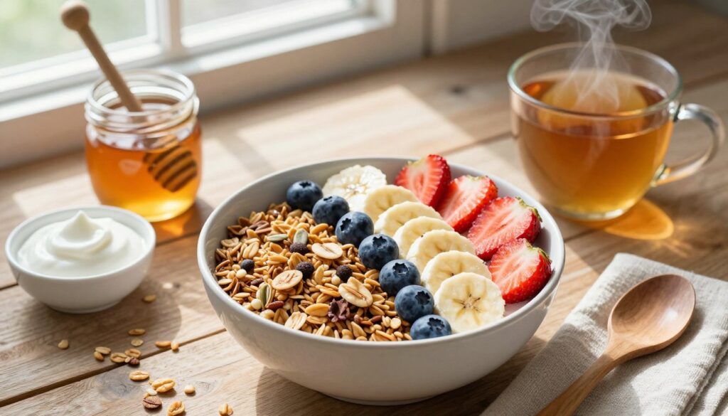 A beautifully arranged breakfast table featuring a bowl of homemade granola topped with fresh fruits like sliced bananas, strawberries, and blueberries. The granola is golden and crunchy, sprinkled with nuts and seeds. Surrounding the bowl, there's a jar of honey, a small dish of Greek yogurt, and a steaming cup of herbal tea on a wooden table. In the background, soft morning light filters through a window, casting gentle shadows, creating a warm and inviting atmosphere. The scene has a rustic vibe, with natural textures like a linen napkin and wooden utensils. The angle is slightly overhead, capturing the vivid colors and textures, emphasizing the wholesome and nutritious aspect of granola for breakfast or dessert.