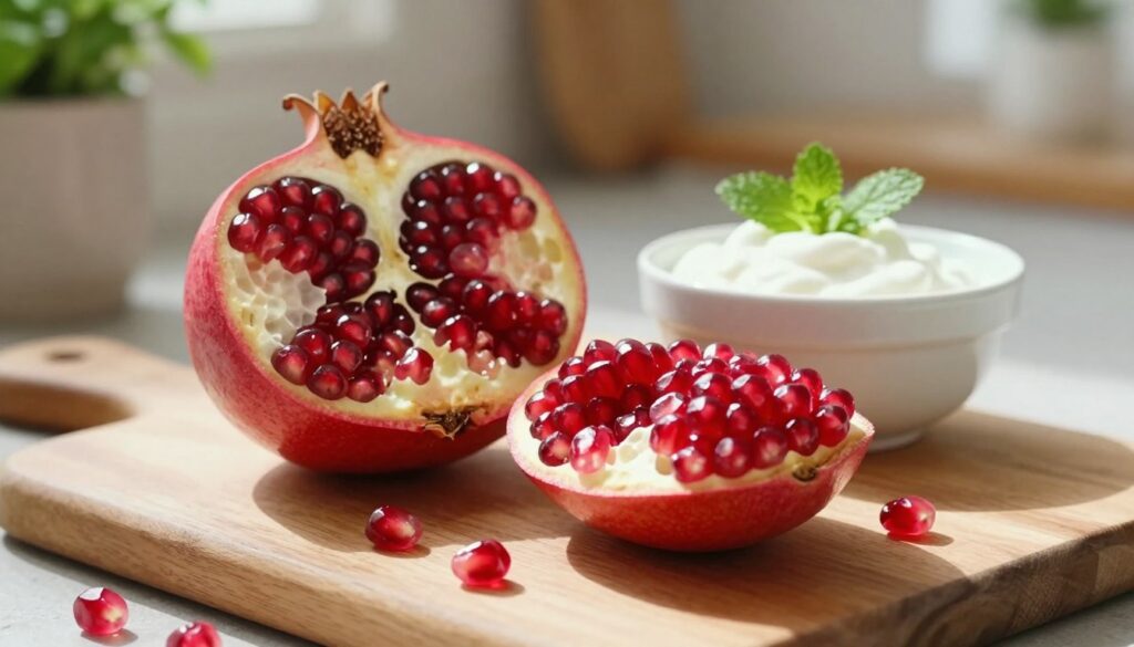 A beautifully arranged composition featuring a fresh pomegranate cut in half, showcasing its vibrant red seeds glistening in the light. In the foreground, the pomegranate is placed elegantly on a wooden cutting board, with a few seeds scattered around it. The middle ground includes a small bowl of yogurt and a sprinkle of mint leaves, highlighting potential pairings for the pomegranate. In the background, softly blurred kitchen elements, like a rustic plant and subtle kitchenware, create a warm, inviting atmosphere. Natural sunlight streams in from a nearby window, casting gentle shadows and enhancing the rich colors. The mood is fresh and healthy, perfect for conveying the versatility of pomegranate seeds in a diet, captured from a slightly angled top-down perspective for an appealing look.