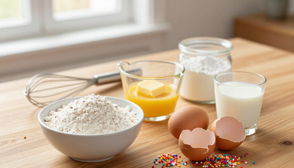 A beautifully arranged flat lay of baking ingredients essential for fluffy cupcakes. In the foreground, a bowl of fluffy all-purpose flour, cracked eggs, and a small glass of milk surrounded by scattered colorful sprinkles. In the middle, there’s a measuring cup filled with melted butter and a container of baking powder, alongside a whisk. In the background, a wooden table is softly lit by warm natural light from a nearby window, creating a cozy and inviting atmosphere. The focus is sharp on the ingredients, with a slight bokeh effect on the background, enhancing the mood of a cheerful baking session. The overall color palette is warm and inviting, perfect for a baking theme.