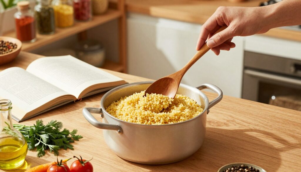 A beautifully arranged kitchen scene showcasing the preparation of millet porridge, emphasizing the steps to create the perfect base. In the foreground, a pot with fluffy, cooked millet sits on a wooden countertop, surrounded by fresh ingredients like green herbs, a drizzle of olive oil, and colorful vegetables. The middle layer features a wooden spoon stirring the millet, inviting warmth, while a rustic cookbook with a page open to millet recipes lies nearby. The background consists of soft-focus shelves filled with kitchen essentials and vibrant spices. Warm, natural lighting floods the scene, casting gentle shadows and creating a cozy, inviting atmosphere. The camera angle is slightly overhead, capturing both the details of the ingredients and the overall harmony of the kitchen environment. A beautifully arranged kitchen scene showcasing the preparation of millet porridge, emphasizing the steps to create the perfect base. In the foreground, a pot with fluffy, cooked millet sits on a wooden countertop, surrounded by fresh ingredients like green herbs, a drizzle of olive oil, and colorful vegetables. The middle layer features a wooden spoon stirring the millet, inviting warmth, while a rustic cookbook with a page open to millet recipes lies nearby. The background consists of soft-focus shelves filled with kitchen essentials and vibrant spices. Warm, natural lighting floods the scene, casting gentle shadows and creating a cozy, inviting atmosphere. The camera angle is slightly overhead, capturing both the details of the ingredients and the overall harmony of the kitchen environment.
