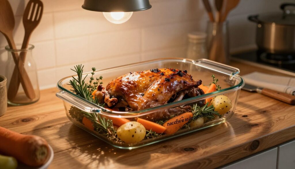 A beautifully arranged kitchen setting featuring a large, elegant, clear glass roasting dish, known as "naczynie żaroodporne," placed on a rustic wooden countertop. The foreground focuses on the dish filled with juicy, golden-brown roasted rabbit, surrounded by aromatic herbs like rosemary and thyme, with slices of carrots and potatoes peeking out. The dish reflects the warm light from an overhead pendant lamp, creating a cozy ambiance. In the background, there are soft-focus kitchen utensils and ingredients, enhancing the culinary atmosphere. The overall mood is inviting and warm, suggesting a home-cooked meal's comfort and delight, shot from a slightly elevated angle to capture the dish's details. A beautifully arranged kitchen setting featuring a large, elegant, clear glass roasting dish, known as "naczynie żaroodporne," placed on a rustic wooden countertop. The foreground focuses on the dish filled with juicy, golden-brown roasted rabbit, surrounded by aromatic herbs like rosemary and thyme, with slices of carrots and potatoes peeking out. The dish reflects the warm light from an overhead pendant lamp, creating a cozy ambiance. In the background, there are soft-focus kitchen utensils and ingredients, enhancing the culinary atmosphere. The overall mood is inviting and warm, suggesting a home-cooked meal's comfort and delight, shot from a slightly elevated angle to capture the dish's details.