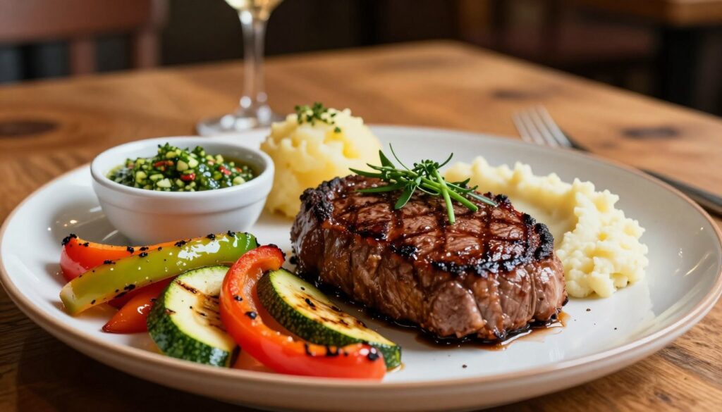 A beautifully arranged plate featuring a perfectly cooked steak as the centerpiece, garnished with fresh herbs, and accompanied by vibrant side dishes. In the foreground, the steak glistens with a rich, seared crust, surrounded by colorful grilled vegetables like bell peppers and zucchini, and a dollop of creamy mashed potatoes. A small bowl of chimichurri sauce sits nearby, enhancing the visual appeal. In the middle ground, a rustic wooden table provides a warm, inviting atmosphere, while in the background, blurred soft lighting creates an intimate dining experience. The image should have a slightly warm tint to evoke comfort, with a close-up angle to highlight the textures and colors of the ingredients, emphasizing the deliciousness of the steak presentation. A beautifully arranged plate featuring a perfectly cooked steak as the centerpiece, garnished with fresh herbs, and accompanied by vibrant side dishes. In the foreground, the steak glistens with a rich, seared crust, surrounded by colorful grilled vegetables like bell peppers and zucchini, and a dollop of creamy mashed potatoes. A small bowl of chimichurri sauce sits nearby, enhancing the visual appeal. In the middle ground, a rustic wooden table provides a warm, inviting atmosphere, while in the background, blurred soft lighting creates an intimate dining experience. The image should have a slightly warm tint to evoke comfort, with a close-up angle to highlight the textures and colors of the ingredients, emphasizing the deliciousness of the steak presentation.