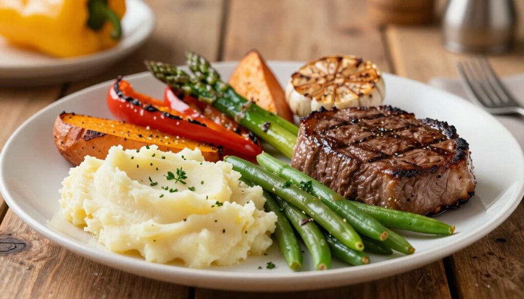 A beautifully arranged plate featuring classic starchy and vegetable side dishes that complement a juicy steak. In the foreground, showcase creamy mashed potatoes, golden-brown roasted sweet potatoes, and vibrant sautéed green beans, artfully garnished with fresh herbs. In the middle, add a colorful medley of grilled bell peppers, asparagus spears, and flavorful roasted garlic. The background should include a rustic wooden table, softly lit by warm, natural light, creating an inviting atmosphere. Use a shallow depth of field to highlight the tantalizing side dishes while leaving the background softly blurred. The overall mood is warm and appetizing, inviting viewers to enjoy a delicious meal that enhances the taste of the steak. A beautifully arranged plate featuring classic starchy and vegetable side dishes that complement a juicy steak. In the foreground, showcase creamy mashed potatoes, golden-brown roasted sweet potatoes, and vibrant sautéed green beans, artfully garnished with fresh herbs. In the middle, add a colorful medley of grilled bell peppers, asparagus spears, and flavorful roasted garlic. The background should include a rustic wooden table, softly lit by warm, natural light, creating an inviting atmosphere. Use a shallow depth of field to highlight the tantalizing side dishes while leaving the background softly blurred. The overall mood is warm and appetizing, inviting viewers to enjoy a delicious meal that enhances the taste of the steak.