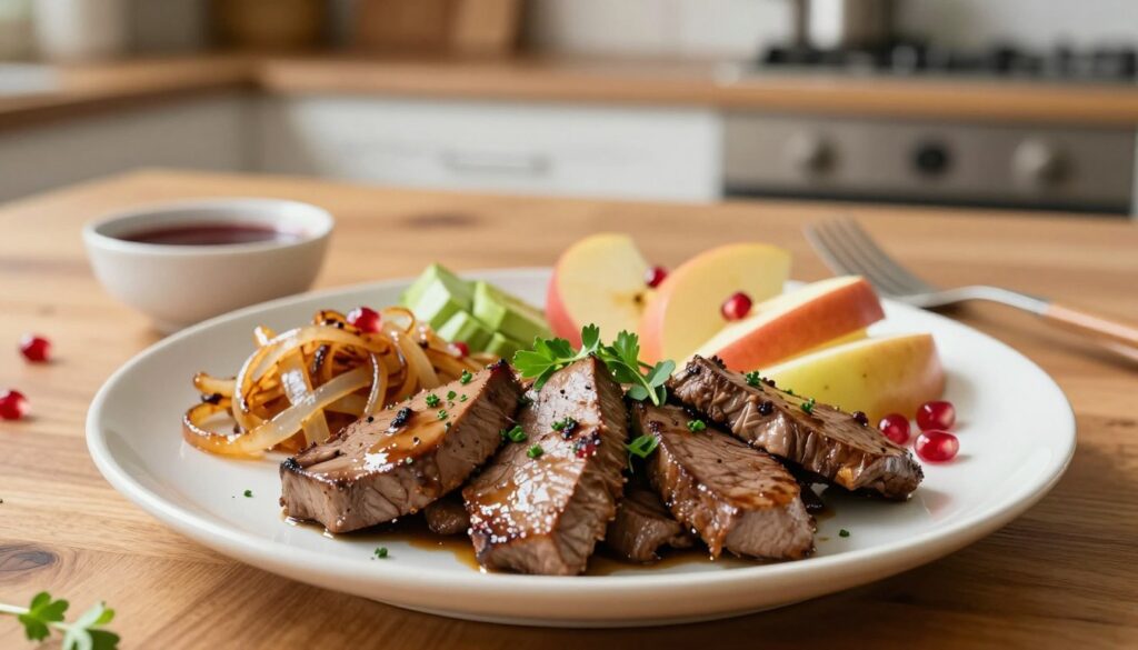 A beautifully arranged plate featuring sautéed liver, garnished with fresh herbs and complemented by vibrant side dishes. In the foreground, a portion of perfectly cooked liver glistens under soft, natural lighting, accentuating its rich texture. Surrounding it, colorful accompaniments like caramelized onions, tart apples, and a sprinkle of pomegranate seeds bring contrast and freshness. In the middle ground, an elegantly set wooden table enhances the rustic feel, while a small bowl of tangy sauce rests nearby. The background features a softly blurred kitchen setting with warm, inviting tones, creating a cozy atmosphere. The image captures the mood of comfort and gourmet appeal, ideal for enticing readers to explore new flavor pairings.
