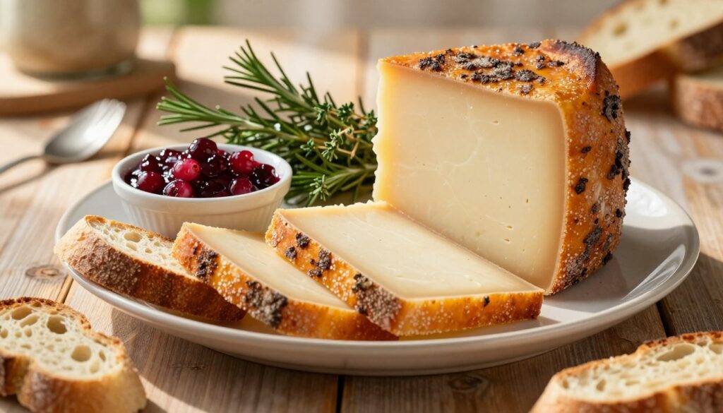 A beautifully arranged plate featuring traditional oscypek cheese, sliced into thick, golden-brown pieces, with a smoky exterior and a creamy interior, glistening under warm natural sunlight. In the foreground, include crispy, artisanal bread and a small bowl of rich, tangy cranberry sauce to complement the cheese’s flavor. In the middle ground, place vibrant sprigs of fresh herbs like rosemary and thyme, enhancing the dish’s rustic appeal. The background features a soft-focus wooden table, evoking a cozy, authentic countryside atmosphere. The lighting is soft and warm, reminiscent of late afternoon, casting gentle shadows to add depth. Overall, the image should convey a sense of tradition and warmth, inviting viewers to explore the delightful taste pairings of oscypek cheese. A beautifully arranged plate featuring traditional oscypek cheese, sliced into thick, golden-brown pieces, with a smoky exterior and a creamy interior, glistening under warm natural sunlight. In the foreground, include crispy, artisanal bread and a small bowl of rich, tangy cranberry sauce to complement the cheese’s flavor. In the middle ground, place vibrant sprigs of fresh herbs like rosemary and thyme, enhancing the dish’s rustic appeal. The background features a soft-focus wooden table, evoking a cozy, authentic countryside atmosphere. The lighting is soft and warm, reminiscent of late afternoon, casting gentle shadows to add depth. Overall, the image should convey a sense of tradition and warmth, inviting viewers to explore the delightful taste pairings of oscypek cheese.