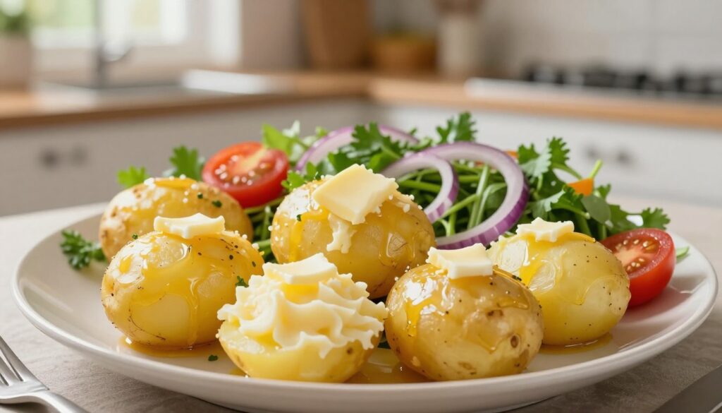 A beautifully arranged plate of boiled potatoes, glistening with a light sheen of melted butter, is set at the forefront. The potatoes are perfectly cooked, tender and creamy, showcasing their rich, earthy tones of yellow and gold. Surrounding the potatoes are fresh, colorful ingredients including bright green herbs, vibrant cherry tomatoes, and thinly sliced red onions, creating a lively salad that draws the eye. In the background, a cozy kitchen scene hints at warmth, with soft, inviting lighting filtering through a window, casting gentle shadows. The mood is cheerful and inviting, perfect for illustrating a creative dish. The focus is sharp on the foreground, with a shallow depth of field blurring the background slightly to emphasize the wholesome, delicious appeal of the meal. A beautifully arranged plate of boiled potatoes, glistening with a light sheen of melted butter, is set at the forefront. The potatoes are perfectly cooked, tender and creamy, showcasing their rich, earthy tones of yellow and gold. Surrounding the potatoes are fresh, colorful ingredients including bright green herbs, vibrant cherry tomatoes, and thinly sliced red onions, creating a lively salad that draws the eye. In the background, a cozy kitchen scene hints at warmth, with soft, inviting lighting filtering through a window, casting gentle shadows. The mood is cheerful and inviting, perfect for illustrating a creative dish. The focus is sharp on the foreground, with a shallow depth of field blurring the background slightly to emphasize the wholesome, delicious appeal of the meal.