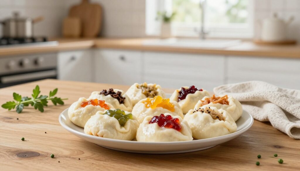 A beautifully arranged plate of fluffy "ciasto drożdżowe parze" (sweet steamed dumplings) sits prominently in the foreground, showcasing their soft, pillowy texture and glossy surface. Each dumpling is filled with a colorful array of sweet and savory fillings, such as fruit preserves, chocolate, and sauerkraut. The middle ground features a rustic wooden table, complemented by a few herbs and a delicate cloth napkin, adding warmth and charm. In the background, a soft-focus kitchen scene appears, with natural light filtering through a window, casting gentle shadows that enhance the cozy atmosphere. A clean, modern kitchen setup with minimal clutter evokes a sense of calm and homeliness, making the viewer feel invited to enjoy this delightful dish.