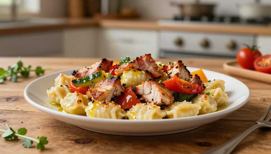 A beautifully arranged plate of gnocchi topped with an assortment of colorful meat and vegetable additions. In the foreground, luscious golden-brown gnocchi glisten with a light drizzle of olive oil. Surrounding the gnocchi, chunks of grilled chicken and crispy bacon are interspersed with vibrant roasted vegetables like bell peppers, zucchini, and cherry tomatoes, adding a burst of color. The middle ground features a soft, rustic wooden table to convey a cozy dining atmosphere, with a few fresh herbs scattered for added freshness. In the background, a softly blurred kitchen setting enhances the home-cooked feel, with warm, inviting lighting illuminating the scene and creating a comforting atmosphere. The overall mood evokes a sense of hearty comfort food, perfect for a satisfying meal. A beautifully arranged plate of gnocchi topped with an assortment of colorful meat and vegetable additions. In the foreground, luscious golden-brown gnocchi glisten with a light drizzle of olive oil. Surrounding the gnocchi, chunks of grilled chicken and crispy bacon are interspersed with vibrant roasted vegetables like bell peppers, zucchini, and cherry tomatoes, adding a burst of color. The middle ground features a soft, rustic wooden table to convey a cozy dining atmosphere, with a few fresh herbs scattered for added freshness. In the background, a softly blurred kitchen setting enhances the home-cooked feel, with warm, inviting lighting illuminating the scene and creating a comforting atmosphere. The overall mood evokes a sense of hearty comfort food, perfect for a satisfying meal.