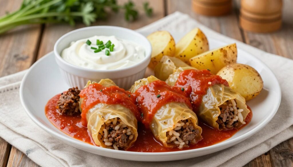 A beautifully arranged plate of gołąbki, featuring stuffed cabbage rolls with rich meat and rice filling, drizzled with a creamy tomato sauce. Surround the dish with traditional Polish additions: a small bowl of tangy sour cream, sprinkled with chives, and a side of golden-brown potatoes. In the background, soft, warm lighting creates a cozy dining atmosphere, with a rustic wooden table setting adorned with a simple white tablecloth and fresh herbs. The focus is on the tantalizing, delicious meal, captured from an overhead angle to highlight the colorful ingredients and textures, evoking a sense of comfort and inviting home-cooked warmth. A beautifully arranged plate of gołąbki, featuring stuffed cabbage rolls with rich meat and rice filling, drizzled with a creamy tomato sauce. Surround the dish with traditional Polish additions: a small bowl of tangy sour cream, sprinkled with chives, and a side of golden-brown potatoes. In the background, soft, warm lighting creates a cozy dining atmosphere, with a rustic wooden table setting adorned with a simple white tablecloth and fresh herbs. The focus is on the tantalizing, delicious meal, captured from an overhead angle to highlight the colorful ingredients and textures, evoking a sense of comfort and inviting home-cooked warmth.