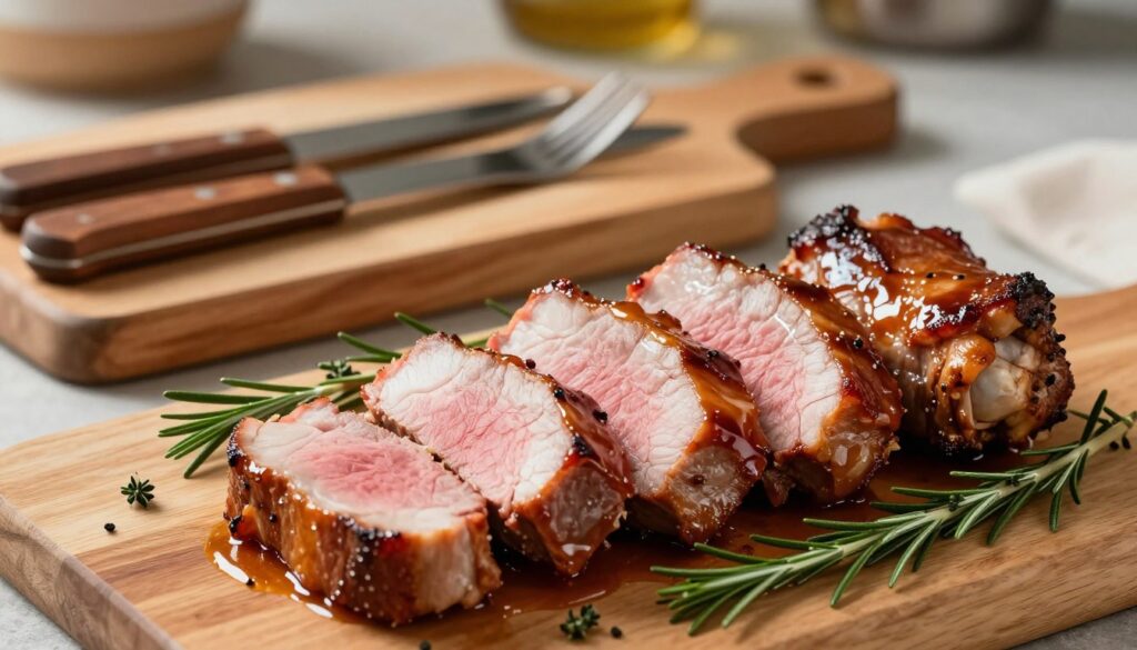 A beautifully arranged plate of juicy, perfectly cooked pork tenderloins, glistening with a rich brown glaze, displayed prominently in the foreground. The tenderloins are sliced into medallions, showcasing their pink, succulent interior. Surround them with a sprinkle of fresh herbs like rosemary and thyme for added color and freshness. In the middle ground, include a rustic wooden cutting board as a backdrop, with a few kitchen utensils like a knife and fork elegantly placed. The background features soft, warm kitchen lighting that creates a cozy and inviting atmosphere, enhancing the texture of the meat. Capture the scene from a slightly elevated angle, focusing on the tenderloins to convey a feeling of gourmet preparation. A beautifully arranged plate of juicy, perfectly cooked pork tenderloins, glistening with a rich brown glaze, displayed prominently in the foreground. The tenderloins are sliced into medallions, showcasing their pink, succulent interior. Surround them with a sprinkle of fresh herbs like rosemary and thyme for added color and freshness. In the middle ground, include a rustic wooden cutting board as a backdrop, with a few kitchen utensils like a knife and fork elegantly placed. The background features soft, warm kitchen lighting that creates a cozy and inviting atmosphere, enhancing the texture of the meat. Capture the scene from a slightly elevated angle, focusing on the tenderloins to convey a feeling of gourmet preparation.