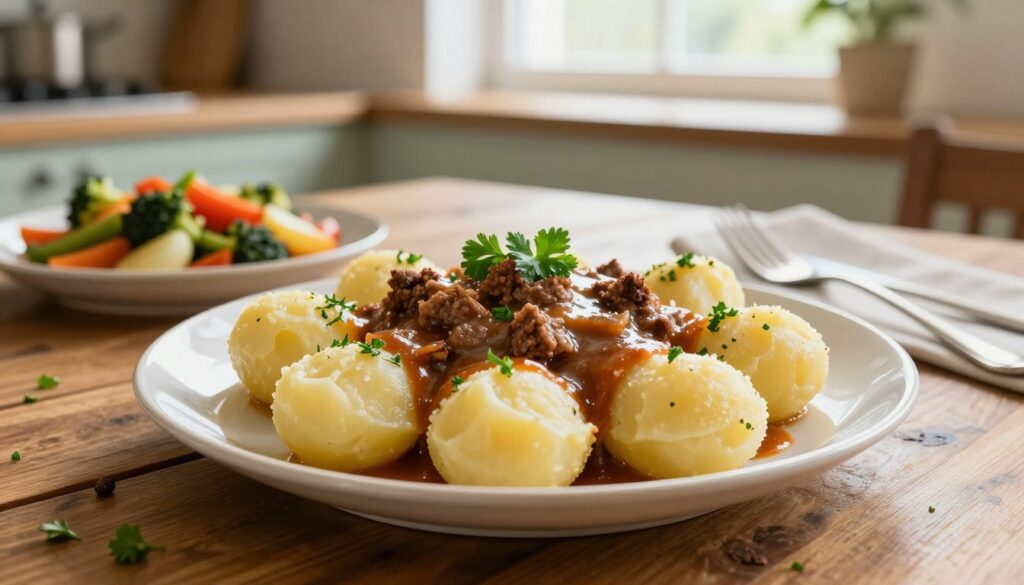 A beautifully arranged plate of kopytka, a traditional Polish potato dumpling, served generously drizzled with a rich, savory meat sauce. In the foreground, the kopytka are elegantly garnished with fresh herbs like parsley, creating a vibrant contrast. In the middle ground, a rustic wooden table adds warmth, while a side of sautéed seasonal vegetables complements the dish. The background features a soft-focus kitchen setting, with gentle natural light streaming through a window, casting a warm glow on the scene. The overall mood is homely and inviting, perfect for a cozy family meal. Shot at a 35mm lens angle to enhance the inviting detail and depth.