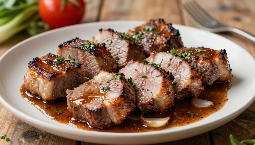 A beautifully arranged plate of pork tenderloin medallions, perfectly cooked and glistening with a rich, savory sauce garnished with fresh herbs. In the foreground, the tenderloin pieces are artfully sliced, showcasing their juicy interior. The middle ground features a generous drizzle of sauce pooling around the meat, with hints of garlic and onion visible. Soft, ambient lighting bathes the dish, highlighting its textures and the appetizing sheen of the sauce. In the background, a rustic wooden table is set, with seasonal vegetables subtly blurred, enhancing the focus on the tenderloin. The atmosphere is warm and inviting, evoking a sense of home-cooked warmth and culinary delight. A beautifully arranged plate of pork tenderloin medallions, perfectly cooked and glistening with a rich, savory sauce garnished with fresh herbs. In the foreground, the tenderloin pieces are artfully sliced, showcasing their juicy interior. The middle ground features a generous drizzle of sauce pooling around the meat, with hints of garlic and onion visible. Soft, ambient lighting bathes the dish, highlighting its textures and the appetizing sheen of the sauce. In the background, a rustic wooden table is set, with seasonal vegetables subtly blurred, enhancing the focus on the tenderloin. The atmosphere is warm and inviting, evoking a sense of home-cooked warmth and culinary delight.