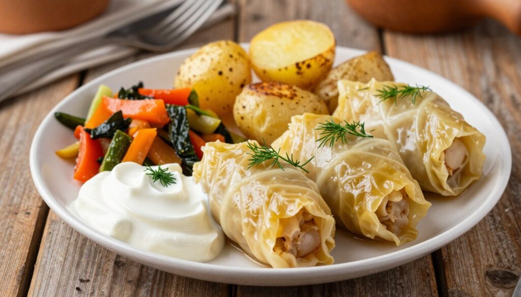 A beautifully arranged plate of stuffed cabbage rolls (gołąbki), showcasing traditional Polish garnishes. In the foreground, the gołąbki are nestled next to a dollop of sour cream and a sprinkle of fresh dill, exuding warmth and comfort. The middle portion is adorned with roast potatoes and a side of sautéed seasonal vegetables, their vibrant colors contrasting against the creamy white of the sour cream. In the background, a rustic wooden table adds an inviting touch, complemented by soft, natural lighting that highlights the textures of the food. The overall ambiance conveys a sense of homely tradition, evoking a cozy family dinner setting. This composition should feel warm and inviting, enticing the viewer to savor the culinary delights. A beautifully arranged plate of stuffed cabbage rolls (gołąbki), showcasing traditional Polish garnishes. In the foreground, the gołąbki are nestled next to a dollop of sour cream and a sprinkle of fresh dill, exuding warmth and comfort. The middle portion is adorned with roast potatoes and a side of sautéed seasonal vegetables, their vibrant colors contrasting against the creamy white of the sour cream. In the background, a rustic wooden table adds an inviting touch, complemented by soft, natural lighting that highlights the textures of the food. The overall ambiance conveys a sense of homely tradition, evoking a cozy family dinner setting. This composition should feel warm and inviting, enticing the viewer to savor the culinary delights.