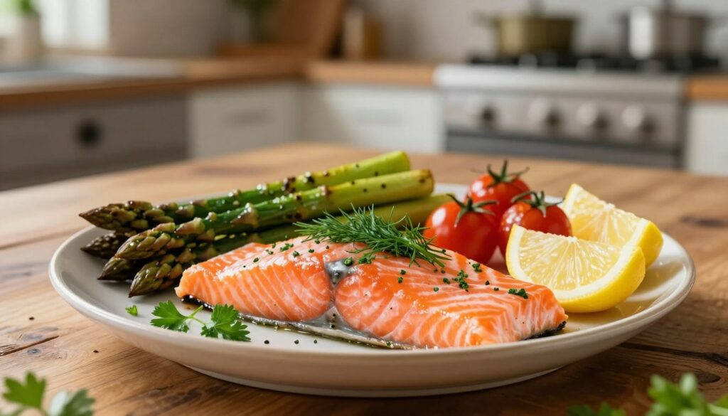 A beautifully arranged platter featuring fresh salmon fillets, garnished with vibrant green herbs like dill and parsley, alongside a selection of elegant side dishes such as roasted asparagus, vibrant cherry tomatoes, and delicate lemon wedges. The foreground showcases the salmon glistening under soft, natural light that enhances the freshness of the ingredients. In the middle, a rustic wooden table sets off the plate, while a blurred background reveals a warm, inviting kitchen atmosphere. Soft focus enhances the mood, creating a sophisticated yet cozy vibe, perfect for illustrating a light and elegant meal. The composition should feel balanced and appetizing, inviting the viewer into a culinary experience without any distractions. A beautifully arranged platter featuring fresh salmon fillets, garnished with vibrant green herbs like dill and parsley, alongside a selection of elegant side dishes such as roasted asparagus, vibrant cherry tomatoes, and delicate lemon wedges. The foreground showcases the salmon glistening under soft, natural light that enhances the freshness of the ingredients. In the middle, a rustic wooden table sets off the plate, while a blurred background reveals a warm, inviting kitchen atmosphere. Soft focus enhances the mood, creating a sophisticated yet cozy vibe, perfect for illustrating a light and elegant meal. The composition should feel balanced and appetizing, inviting the viewer into a culinary experience without any distractions.