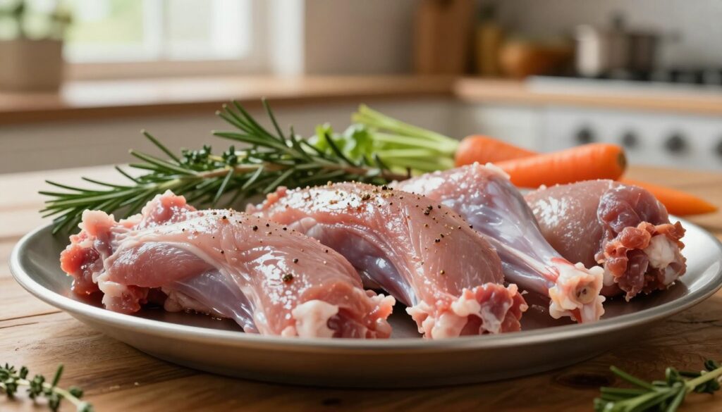 A beautifully arranged platter showcasing fresh rabbit meat, highlighted in the foreground. The rabbit pieces are expertly butchered, revealing succulent, tender cuts glistening with a light sheen of seasoning. In the middle ground, there are fresh herbs like rosemary and thyme artfully placed around the meat, along with a few colorful vegetables such as carrots and onions, enhancing the visual appeal. The background features a rustic wooden kitchen table, softly illuminated by warm, natural light filtering through a window, creating a cozy and inviting atmosphere. The composition focuses on the textures of the meat and ingredients, inviting viewers to appreciate the preparation of a delicious meal. A beautifully arranged platter showcasing fresh rabbit meat, highlighted in the foreground. The rabbit pieces are expertly butchered, revealing succulent, tender cuts glistening with a light sheen of seasoning. In the middle ground, there are fresh herbs like rosemary and thyme artfully placed around the meat, along with a few colorful vegetables such as carrots and onions, enhancing the visual appeal. The background features a rustic wooden kitchen table, softly illuminated by warm, natural light filtering through a window, creating a cozy and inviting atmosphere. The composition focuses on the textures of the meat and ingredients, inviting viewers to appreciate the preparation of a delicious meal.