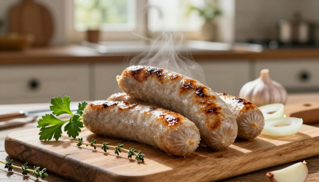 A beautifully arranged scene featuring "biała kiełbasa" (white sausage) on a wooden cutting board, surrounded by fresh herbs like parsley and thyme, along with sliced onions and garlic cloves. The sausages should appear juicy and perfectly browned, showcasing their appetizing texture. In the background, a rustic kitchen setting with a warm, inviting ambiance, highlighted by natural sunlight streaming in through a window. Use a shallow depth of field to focus on the sausages while softly blurring the kitchen elements. The overall mood should evoke a sense of comfort and home cooking, with earthy tones and a hint of steam rising from the sausages to emphasize their succulence.