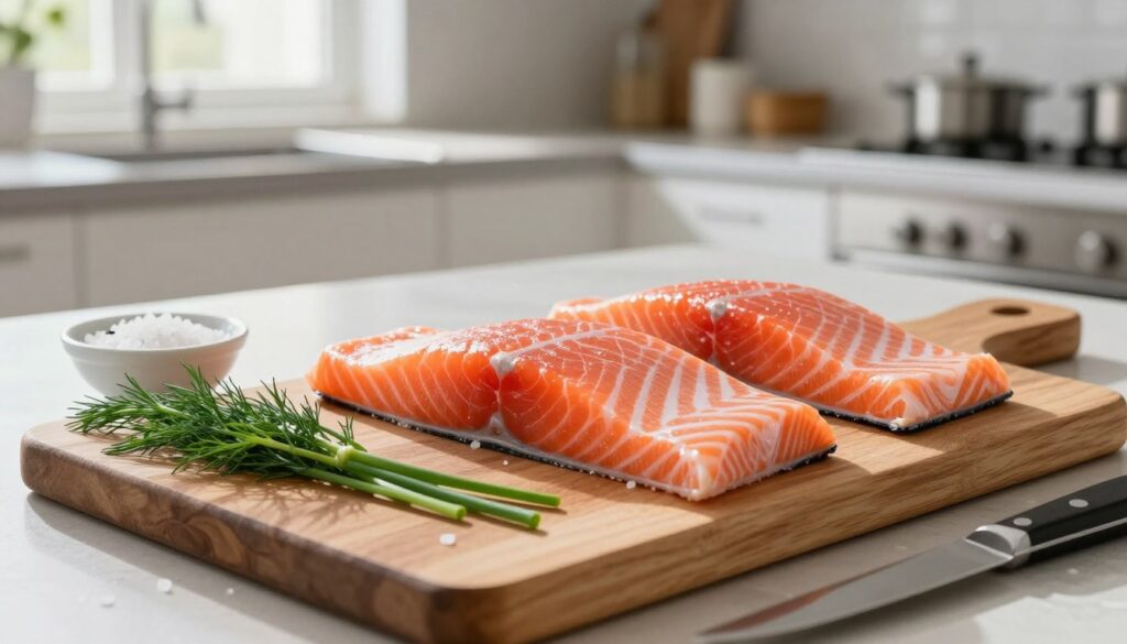 A beautifully arranged scene in a modern kitchen showcasing fresh, raw salmon fillets on a sleek wooden cutting board. The salmon is vibrant pink, glistening under soft, natural light streaming in from a nearby window, creating an inviting atmosphere. In the foreground, delicate herbs like dill and chives complement the salmon, along with a small bowl of sea salt and a knife resting casually beside them. The background features a tidy kitchen with minimalistic design elements, including clean countertops and tasteful kitchenware, adding to the elegance. The overall mood is fresh and sophisticated, reflecting a light culinary experience that emphasizes the beauty of the ingredients. Capture this scene from a slightly elevated angle, emphasizing the details and colors of the ingredients. A beautifully arranged scene in a modern kitchen showcasing fresh, raw salmon fillets on a sleek wooden cutting board. The salmon is vibrant pink, glistening under soft, natural light streaming in from a nearby window, creating an inviting atmosphere. In the foreground, delicate herbs like dill and chives complement the salmon, along with a small bowl of sea salt and a knife resting casually beside them. The background features a tidy kitchen with minimalistic design elements, including clean countertops and tasteful kitchenware, adding to the elegance. The overall mood is fresh and sophisticated, reflecting a light culinary experience that emphasizes the beauty of the ingredients. Capture this scene from a slightly elevated angle, emphasizing the details and colors of the ingredients.