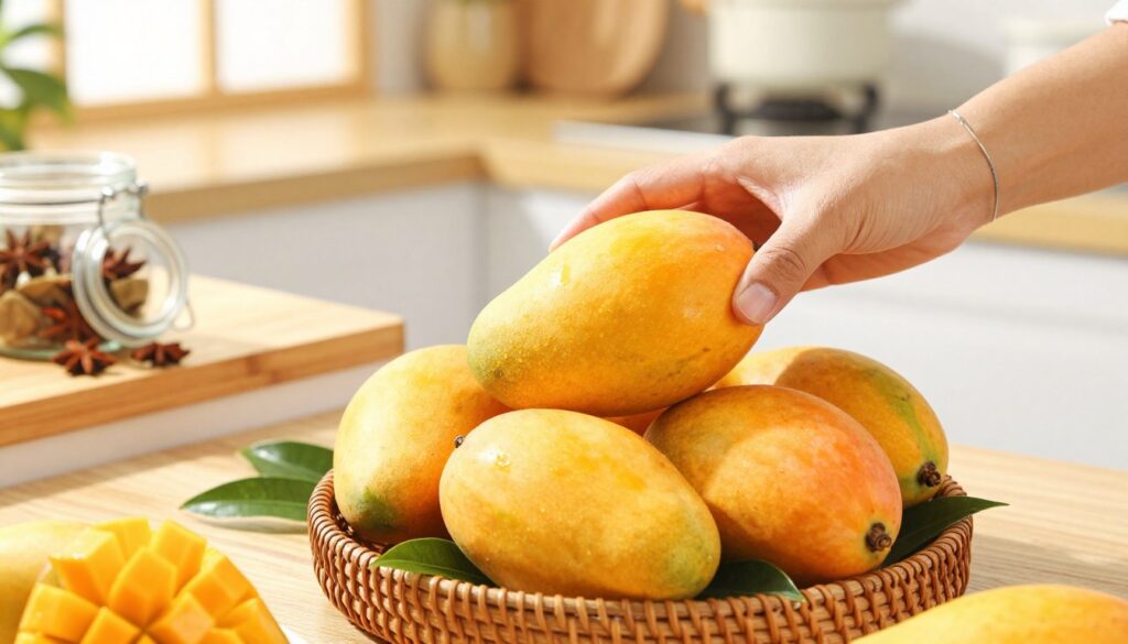 A beautifully arranged scene showcasing ripe mangoes being stored for freshness. In the foreground, several vibrant yellow and orange mangoes are displayed, surrounded by green leaves and a wicker basket, symbolizing freshness and natural beauty. In the middle ground, a wooden countertop with a glass jar partially open, revealing tropical spices that enhance the flavor of mangoes. A delicate hand, wearing a simple bracelet, gently reaches for a mango, suggesting careful handling. In the background, soft focus reveals a bright kitchen with sunlight streaming through a window, creating a warm, inviting atmosphere. The overall mood is fresh, inviting, and focused on the practical aspects of storing mangoes effectively. Soft, natural lighting accentuates the textures and colors of the fruit and surrounding elements, adding to the scene's warmth. A beautifully arranged scene showcasing ripe mangoes being stored for freshness. In the foreground, several vibrant yellow and orange mangoes are displayed, surrounded by green leaves and a wicker basket, symbolizing freshness and natural beauty. In the middle ground, a wooden countertop with a glass jar partially open, revealing tropical spices that enhance the flavor of mangoes. A delicate hand, wearing a simple bracelet, gently reaches for a mango, suggesting careful handling. In the background, soft focus reveals a bright kitchen with sunlight streaming through a window, creating a warm, inviting atmosphere. The overall mood is fresh, inviting, and focused on the practical aspects of storing mangoes effectively. Soft, natural lighting accentuates the textures and colors of the fruit and surrounding elements, adding to the scene's warmth.