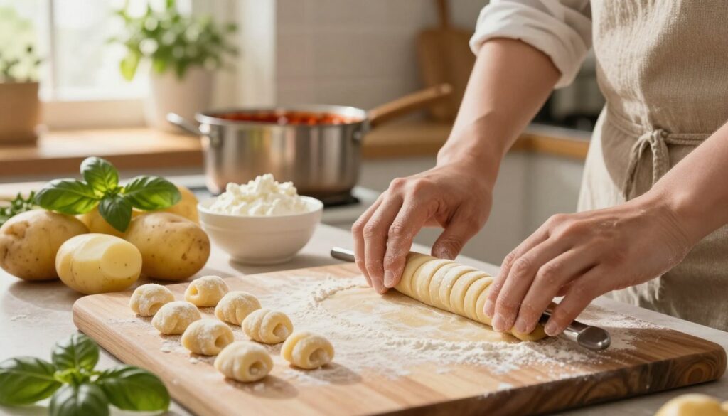 A beautifully arranged scene showcasing the process of preparing light and fluffy gnocchi. In the foreground, a wooden cutting board is dusted with flour, with freshly made gnocchi pieces scattered around. A pair of hands, wearing modest kitchen attire, expertly rolling the dough with a fork to create ridges. In the middle, colorful ingredients such as potatoes, basil, and a bowl of fluffy ricotta cheese are artistically placed, hinting at the key components of the dish. The background features a softly lit kitchen with herbs hanging, a pot of simmering sauce, and warm sunlight streaming through a window, creating a cozy, inviting atmosphere. The mood is warm and homely, perfect for inspiring cooking creativity. A beautifully arranged scene showcasing the process of preparing light and fluffy gnocchi. In the foreground, a wooden cutting board is dusted with flour, with freshly made gnocchi pieces scattered around. A pair of hands, wearing modest kitchen attire, expertly rolling the dough with a fork to create ridges. In the middle, colorful ingredients such as potatoes, basil, and a bowl of fluffy ricotta cheese are artistically placed, hinting at the key components of the dish. The background features a softly lit kitchen with herbs hanging, a pot of simmering sauce, and warm sunlight streaming through a window, creating a cozy, inviting atmosphere. The mood is warm and homely, perfect for inspiring cooking creativity.