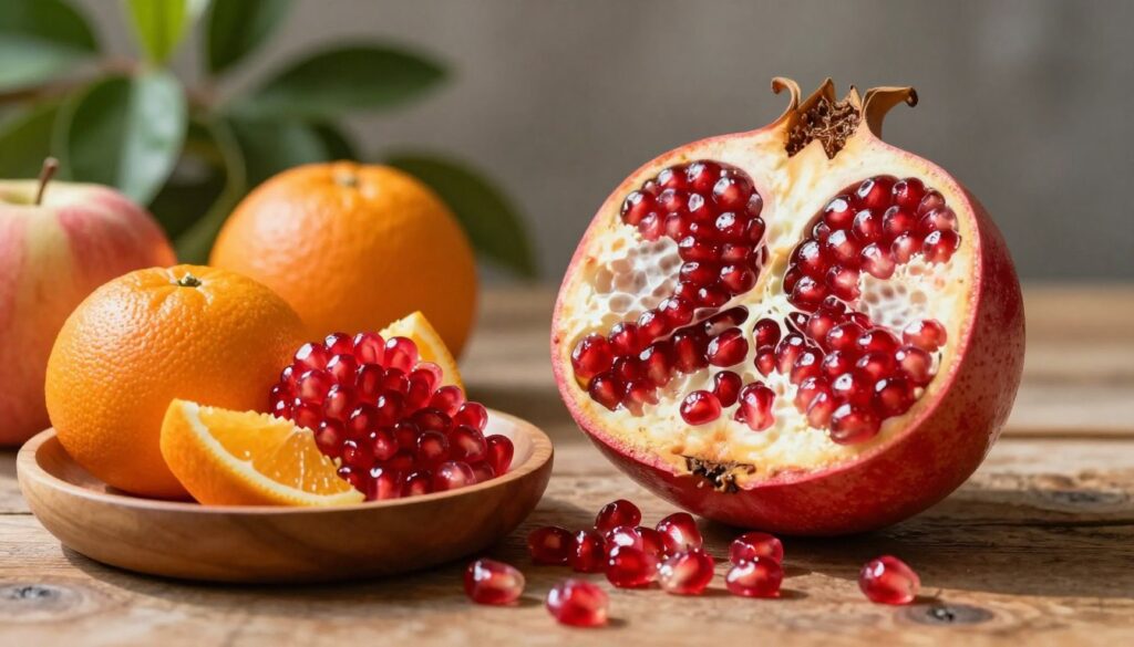 A beautifully arranged still life featuring a pomegranate cut in half, showcasing its vibrant red seeds glistening with freshness. In the foreground, a small wooden bowl holds a mix of fruits that pair well with pomegranate, such as oranges and apples, symbolizing their compatibility in a healthy diet. The middle ground features the pomegranate, with seeds spilling gently onto a rustic wooden table, highlighting their texture and natural shine. The background is softly blurred to emphasize the pomegranate, with hints of greenery from leafy plants, creating a fresh, natural atmosphere. The lighting is warm and inviting, casting gentle shadows, evoking a sense of health and vitality.