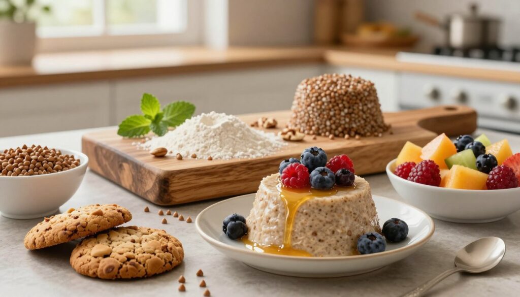 A beautifully arranged table featuring a variety of healthy desserts made from buckwheat groats. In the foreground, showcase a decadent, creamy buckwheat pudding topped with fresh berries and a drizzle of honey, surrounded by small bowls of buckwheat cookies and a colorful fruit salad. The middle layer should highlight a rustic wooden cutting board with buckwheat flour, a few sprigs of mint, and scattered nuts for decoration. In the background, softly blurred, is a warm kitchen setting with natural light streaming through a window, creating a cozy and inviting atmosphere. The overall color palette should consist of earthy tones combined with vibrant fruits, evoking a sense of health and nourishment. Use a shallow depth of field to focus on the desserts while keeping the background subtly soft. A beautifully arranged table featuring a variety of healthy desserts made from buckwheat groats. In the foreground, showcase a decadent, creamy buckwheat pudding topped with fresh berries and a drizzle of honey, surrounded by small bowls of buckwheat cookies and a colorful fruit salad. The middle layer should highlight a rustic wooden cutting board with buckwheat flour, a few sprigs of mint, and scattered nuts for decoration. In the background, softly blurred, is a warm kitchen setting with natural light streaming through a window, creating a cozy and inviting atmosphere. The overall color palette should consist of earthy tones combined with vibrant fruits, evoking a sense of health and nourishment. Use a shallow depth of field to focus on the desserts while keeping the background subtly soft.