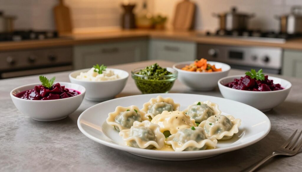 A beautifully arranged table showcasing an array of gourmet sauces for pelmeni, focusing on modern interpretations. In the foreground, a sleek white plate holds perfectly cooked pelmeni, drizzled with vibrant sauces: a rich, creamy garlic sauce, a vibrant green herbal pesto, and a tangy beetroot sauce. The middle ground features small, elegant bowls filled with sauces, each garnished with fresh herbs and colorful toppings, highlighting their distinct flavors. In the background, a cozy and inviting kitchen setting is softly lit with warm lighting, enhancing the culinary theme. The overall atmosphere is one of modern sophistication and culinary creativity, inviting the viewer to indulge in a delightful dining experience. A beautifully arranged table showcasing an array of gourmet sauces for pelmeni, focusing on modern interpretations. In the foreground, a sleek white plate holds perfectly cooked pelmeni, drizzled with vibrant sauces: a rich, creamy garlic sauce, a vibrant green herbal pesto, and a tangy beetroot sauce. The middle ground features small, elegant bowls filled with sauces, each garnished with fresh herbs and colorful toppings, highlighting their distinct flavors. In the background, a cozy and inviting kitchen setting is softly lit with warm lighting, enhancing the culinary theme. The overall atmosphere is one of modern sophistication and culinary creativity, inviting the viewer to indulge in a delightful dining experience.