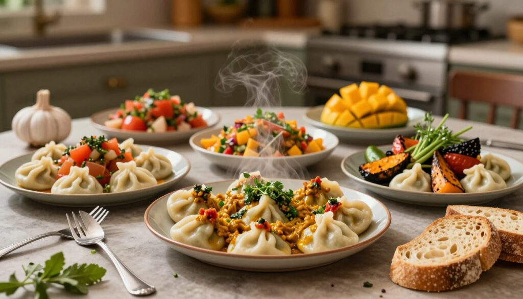 A beautifully arranged table showcasing unique variations of pielmieni, surrounded by exotic ingredients from around the world. In the foreground, a steaming dish of pielmieni filled with unexpected flavors like spicy Thai curry and fresh herbs, garnished with a drizzle of vibrant chimichurri. The middle ground features colorful sides, such as a mango salsa and roasted vegetables, emphasizing fusion cuisine. In the background, soft, warm lighting creates an inviting atmosphere, with blurred hints of a cozy kitchen space. The table is set with elegant utensils and artisan bread, reflecting both traditional and modern dining aesthetics. The image captures a sense of culinary adventure, blending cultures while highlighting the heartwarming essence of enjoying pielmieni. A beautifully arranged table showcasing unique variations of pielmieni, surrounded by exotic ingredients from around the world. In the foreground, a steaming dish of pielmieni filled with unexpected flavors like spicy Thai curry and fresh herbs, garnished with a drizzle of vibrant chimichurri. The middle ground features colorful sides, such as a mango salsa and roasted vegetables, emphasizing fusion cuisine. In the background, soft, warm lighting creates an inviting atmosphere, with blurred hints of a cozy kitchen space. The table is set with elegant utensils and artisan bread, reflecting both traditional and modern dining aesthetics. The image captures a sense of culinary adventure, blending cultures while highlighting the heartwarming essence of enjoying pielmieni.