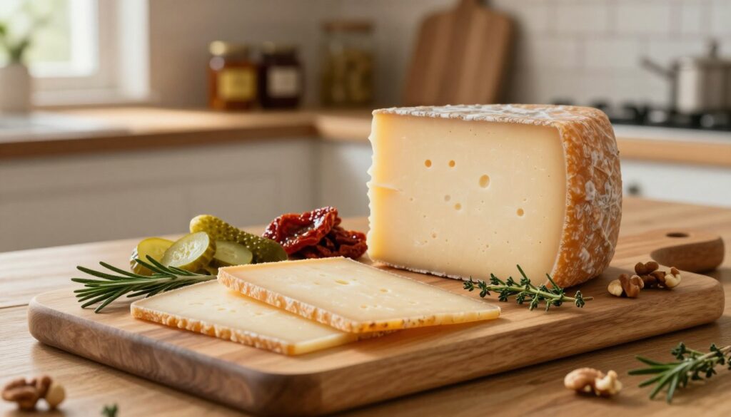 A beautifully arranged wooden serving board in the foreground, showcasing a selection of high-quality oscypek cheese slices, adorned with sprigs of fresh herbs like rosemary and thyme. In the middle ground, artfully placed accompaniments such as pickled cucumbers, sun-dried tomatoes, and a variety of nuts enhance the presentation. The background features a rustic kitchen environment with wooden shelves holding jars of local preserves and spices, softly lit by warm, natural light filtering through a nearby window. The image captures a cozy, inviting atmosphere, reflecting the rich culinary tradition surrounding oscypek cheese, with a focus on savory flavor pairings, evoking a sense of gourmet sophistication. A beautifully arranged wooden serving board in the foreground, showcasing a selection of high-quality oscypek cheese slices, adorned with sprigs of fresh herbs like rosemary and thyme. In the middle ground, artfully placed accompaniments such as pickled cucumbers, sun-dried tomatoes, and a variety of nuts enhance the presentation. The background features a rustic kitchen environment with wooden shelves holding jars of local preserves and spices, softly lit by warm, natural light filtering through a nearby window. The image captures a cozy, inviting atmosphere, reflecting the rich culinary tradition surrounding oscypek cheese, with a focus on savory flavor pairings, evoking a sense of gourmet sophistication.