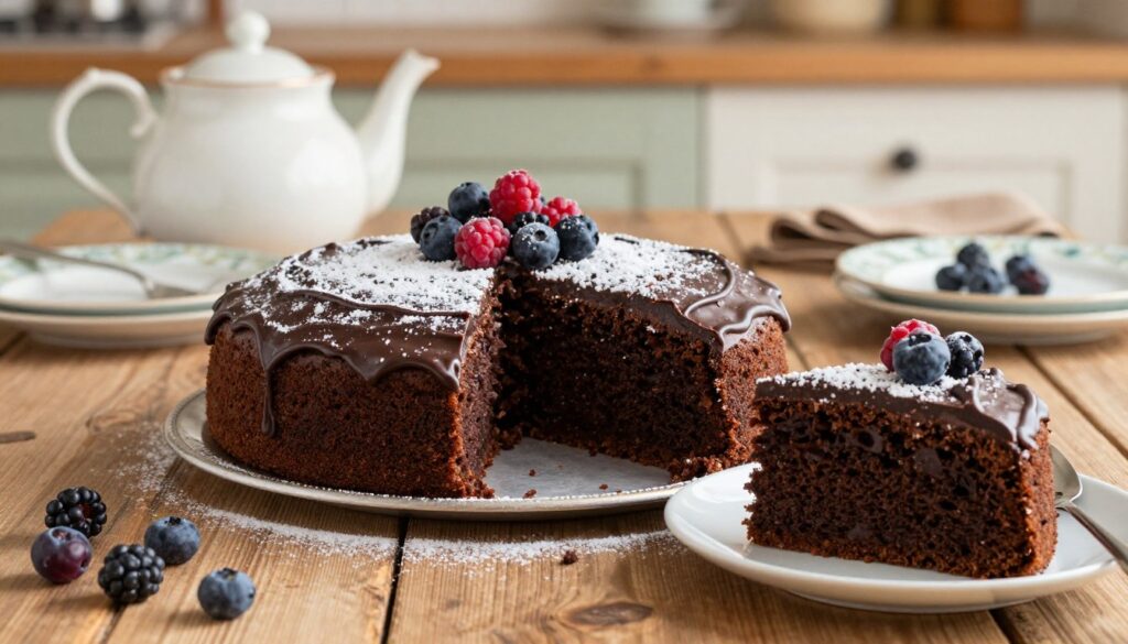 A beautifully baked "ciasto murzynek," a classic Polish chocolate cake, displayed on a rustic wooden table. The cake is perfectly rising, showcasing its rich, moist texture with a glossy chocolate ganache on top, decorated with a sprinkle of powdered sugar and a few fresh berries for contrast. In the foreground, a slice of the cake is artfully cut, revealing its dark, tender crumb. The middle ground features a warm teapot and vintage plates, setting a cozy atmosphere, while the background softly blurs, hinting at a homey kitchen space bathed in warm, natural light, accentuating the inviting feel. The overall mood is comforting and homey, evoking the joy of baking and sharing delicious treats.