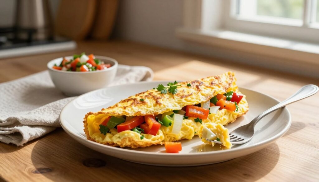 A beautifully plated fluffy omelet sits prominently in the foreground, showcasing its golden-brown exterior and airy texture. The omelet is filled with vibrant ingredients like diced bell peppers, onions, and fresh herbs, creating a burst of color. A fork with a few bite-sized pieces rests beside the plate, hinting at its delectable taste. In the middle ground, a wooden table is adorned with a light, linen napkin and a small bowl of salsa for dipping. Soft morning light filters in from a nearby window, casting gentle shadows that enhance the warmth of the scene. In the background, blurred kitchen utensils and fresh ingredients evoke a cozy, inviting kitchen atmosphere, ideal for breakfast. The overall mood is warm and inviting, emphasizing the perfect start to a day.