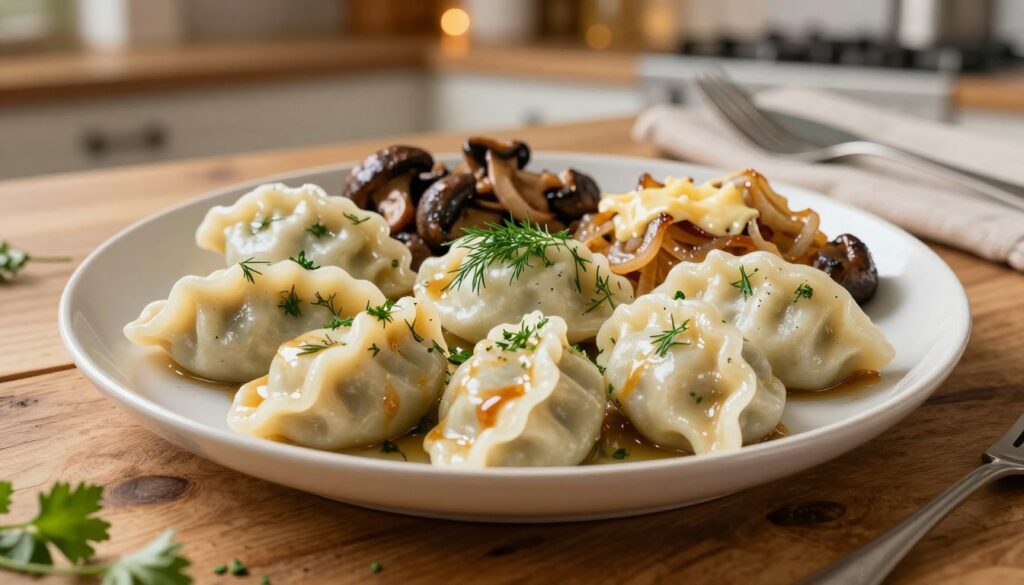 A beautifully plated serving of "kluski parze," or steamed dumplings, arranged elegantly on a rustic wooden table. In the foreground, focus on the soft, fluffy dumplings, glistening with a light drizzle of savory sauce, garnished with fresh herbs like dill and parsley. In the middle ground, showcase a variety of delectable accompaniments, such as sautéed mushrooms and caramelized onions, with a touch of melted cheese for richness. The background features a softly lit kitchen environment, with warm, ambient lighting creating an inviting atmosphere. Capture a slightly overhead angle to emphasize the textures and colors of the dishes, conveying a cozy and appetizing mood perfect for a hearty meal.