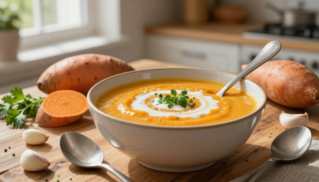 A beautifully presented bowl of creamy sweet potato soup, garnished with a swirl of coconut cream and a sprinkle of fresh herbs, sits on a rustic wooden table. In the foreground, a textured spoon is partially immersed in the soup, showcasing its smooth consistency. Around the bowl, vibrant ingredients like whole sweet potatoes, chopped herbs, and garlic cloves are artfully arranged to enhance the culinary theme. The middle ground features a cozy kitchen setting with warm, natural lighting, coming from a window, casting gentle shadows that highlight the soup’s rich orange color. In the background, soft-focus kitchen utensils and a hint of greenery complete the scene, evoking an inviting and healthy atmosphere, perfect for a comforting meal.