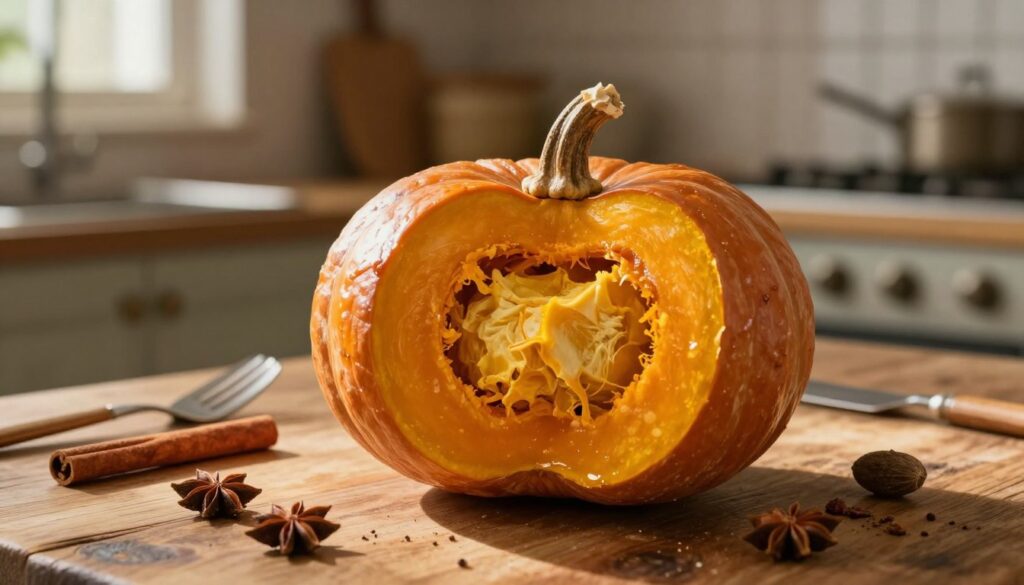 A beautifully roasted Hokkaido pumpkin sits on a rustic wooden table, its vibrant orange skin glistening in the warm, golden light. The pumpkin is cut in half, revealing its soft, creamy flesh, surrounded by a few scattered spices, such as cinnamon and nutmeg, to emphasize its aromatic qualities. In the background, a cozy kitchen scene unfolds, with muted earth tones and vintage cooking utensils subtly out of focus, creating an inviting atmosphere. Soft, natural light filters in through a nearby window, casting gentle shadows and highlighting the texture of the pumpkin. The composition showcases the essence of culinary warmth and the comfort of home cooking, capturing the essence of baked Hokkaido pumpkin as a versatile ingredient in the kitchen. A beautifully roasted Hokkaido pumpkin sits on a rustic wooden table, its vibrant orange skin glistening in the warm, golden light. The pumpkin is cut in half, revealing its soft, creamy flesh, surrounded by a few scattered spices, such as cinnamon and nutmeg, to emphasize its aromatic qualities. In the background, a cozy kitchen scene unfolds, with muted earth tones and vintage cooking utensils subtly out of focus, creating an inviting atmosphere. Soft, natural light filters in through a nearby window, casting gentle shadows and highlighting the texture of the pumpkin. The composition showcases the essence of culinary warmth and the comfort of home cooking, capturing the essence of baked Hokkaido pumpkin as a versatile ingredient in the kitchen.