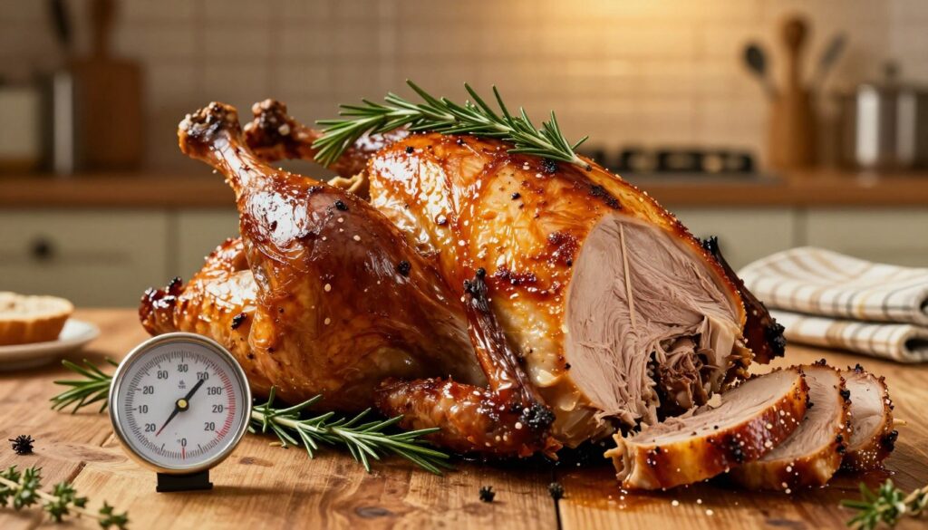 A beautifully roasted turkey breast displayed on a rustic wooden table, glistening with juices and garnished with fresh herbs like rosemary and thyme. In the foreground, a roasting thermometer shows the optimal internal temperature while golden-brown skin contrasts with the rich, juicy meat inside, sliced to reveal its moist texture. In the background, a warm kitchen atmosphere with soft golden lighting creates an inviting mood, complemented by blurred kitchen utensils and oven mitts on the side. The entire scene is captured with a shallow depth of field, highlighting the turkey in detailed focus while the background remains softly blurred, evoking a sense of home-cooked comfort and culinary expertise. A beautifully roasted turkey breast displayed on a rustic wooden table, glistening with juices and garnished with fresh herbs like rosemary and thyme. In the foreground, a roasting thermometer shows the optimal internal temperature while golden-brown skin contrasts with the rich, juicy meat inside, sliced to reveal its moist texture. In the background, a warm kitchen atmosphere with soft golden lighting creates an inviting mood, complemented by blurred kitchen utensils and oven mitts on the side. The entire scene is captured with a shallow depth of field, highlighting the turkey in detailed focus while the background remains softly blurred, evoking a sense of home-cooked comfort and culinary expertise.