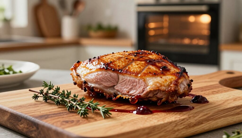 A beautifully seared duck breast, perfectly cooked to showcase a crispy golden skin and tender, juicy meat, placed elegantly on a rustic wooden cutting board. In the foreground, a few sprigs of fragrant thyme and rosemary enhance the presentation, while a subtle drizzle of rich, dark cherry sauce glistens on the duck. In the middle ground, a soft-focus view of a gourmet kitchen setting, featuring various cooking utensils and a warm oven in the background, adds a homely atmosphere. The natural lighting casts a warm glow, highlighting the textures of the duck and the wooden surface. Capture this image from a slightly elevated angle to emphasize the dish's appetizing details and inviting warm ambiance, perfect for enticing readers and evoking a sense of culinary delight. A beautifully seared duck breast, perfectly cooked to showcase a crispy golden skin and tender, juicy meat, placed elegantly on a rustic wooden cutting board. In the foreground, a few sprigs of fragrant thyme and rosemary enhance the presentation, while a subtle drizzle of rich, dark cherry sauce glistens on the duck. In the middle ground, a soft-focus view of a gourmet kitchen setting, featuring various cooking utensils and a warm oven in the background, adds a homely atmosphere. The natural lighting casts a warm glow, highlighting the textures of the duck and the wooden surface. Capture this image from a slightly elevated angle to emphasize the dish's appetizing details and inviting warm ambiance, perfect for enticing readers and evoking a sense of culinary delight.