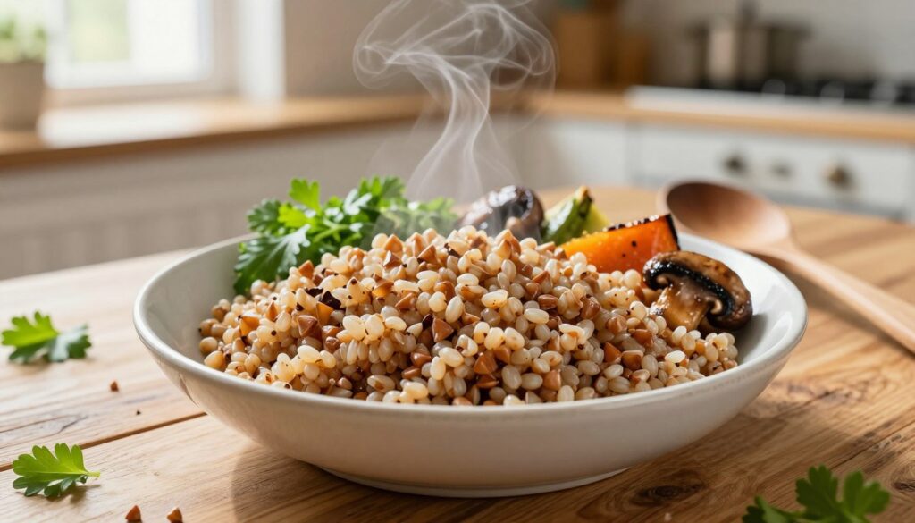 A beautifully styled bowl of cooked buckwheat, known as "kasza gryczana," sits on a rustic wooden table. The foreground features the grain, perfectly fluffy and steaming, showcasing its nutty texture. Surrounding the bowl are elegant garnishes, such as fresh herbs, sautéed mushrooms, and colorful roasted vegetables, creating an inviting scene. In the middle ground, a wooden spoon rests beside the bowl, hinting at the dish's preparation. The background includes a softly blurred kitchen setting, with natural light streaming through a window, casting a warm glow over the scene. The atmosphere is cozy and homey, inviting the viewer to appreciate the simplicity and flavor of this nutritious dish. The composition captures the essence of a wholesome meal preparation without any text or distractions. A beautifully styled bowl of cooked buckwheat, known as "kasza gryczana," sits on a rustic wooden table. The foreground features the grain, perfectly fluffy and steaming, showcasing its nutty texture. Surrounding the bowl are elegant garnishes, such as fresh herbs, sautéed mushrooms, and colorful roasted vegetables, creating an inviting scene. In the middle ground, a wooden spoon rests beside the bowl, hinting at the dish's preparation. The background includes a softly blurred kitchen setting, with natural light streaming through a window, casting a warm glow over the scene. The atmosphere is cozy and homey, inviting the viewer to appreciate the simplicity and flavor of this nutritious dish. The composition captures the essence of a wholesome meal preparation without any text or distractions.